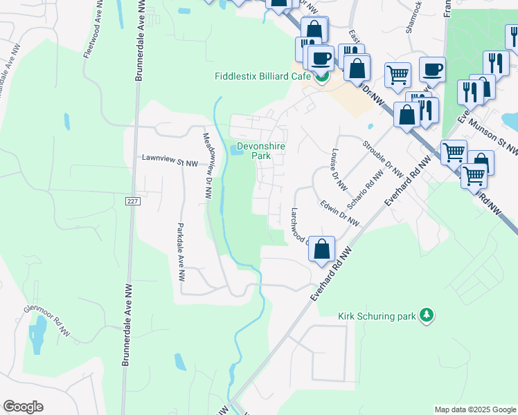 map of restaurants, bars, coffee shops, grocery stores, and more near 33 Marycrest Street Northwest in Canton
