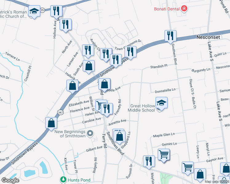map of restaurants, bars, coffee shops, grocery stores, and more near 55 Rhoda Avenue in Smithtown