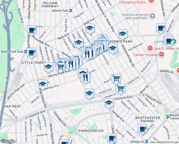 map of restaurants, bars, coffee shops, grocery stores, and more near 1708 Bogart Avenue in Bronx