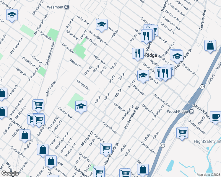map of restaurants, bars, coffee shops, grocery stores, and more near 72 6th Street in Wood-Ridge