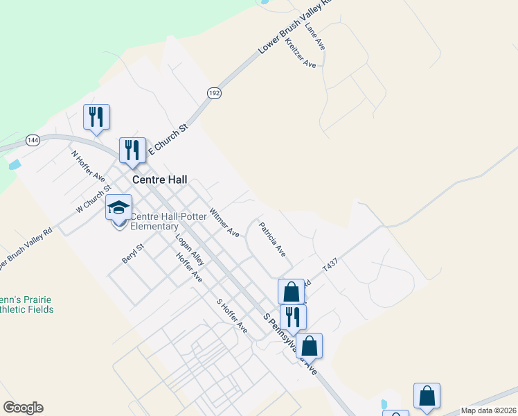 map of restaurants, bars, coffee shops, grocery stores, and more near E Ridge St in Centre Hall
