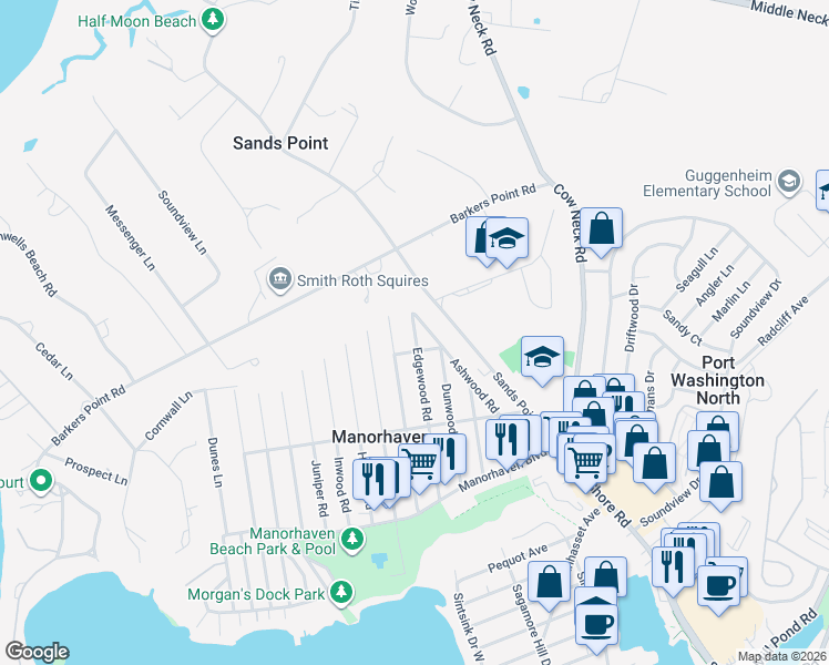 map of restaurants, bars, coffee shops, grocery stores, and more near 78 Ashwood Road in Port Washington