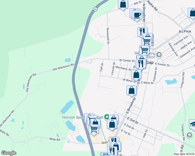 map of restaurants, bars, coffee shops, grocery stores, and more near 561 West Center Street in Wind Gap