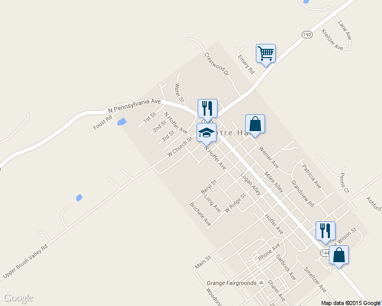 map of restaurants, bars, coffee shops, grocery stores, and more near North Willow Avenue in Centre Hall