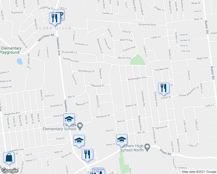 map of restaurants, bars, coffee shops, grocery stores, and more near 104 Virginia Avenue in Lake Grove