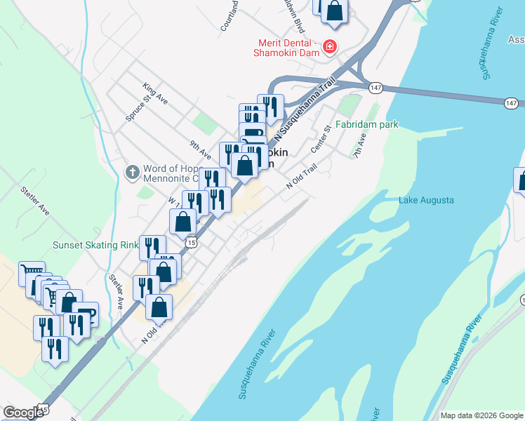 map of restaurants, bars, coffee shops, grocery stores, and more near 3280 North Old Trail in Shamokin Dam