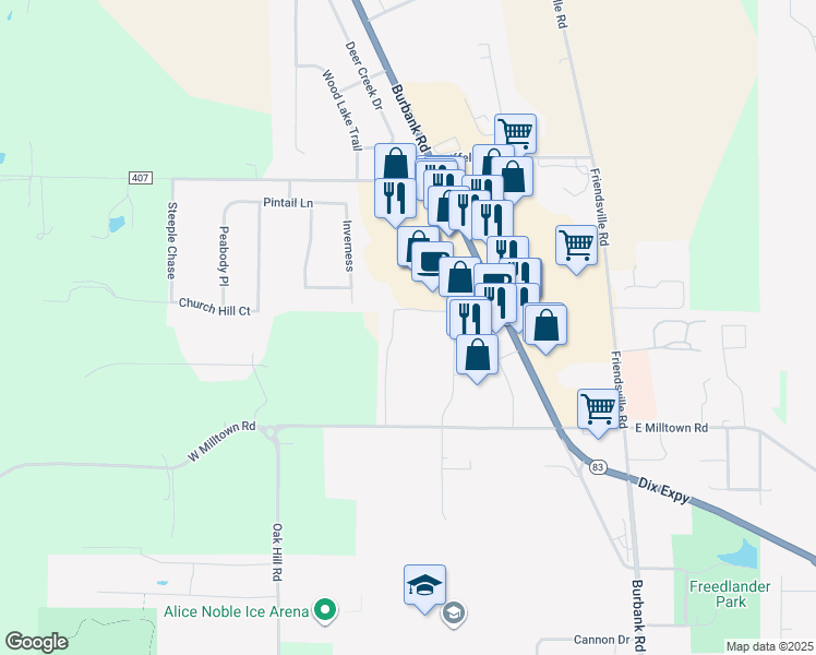 map of restaurants, bars, coffee shops, grocery stores, and more near 3792 Burbank Road in Wooster
