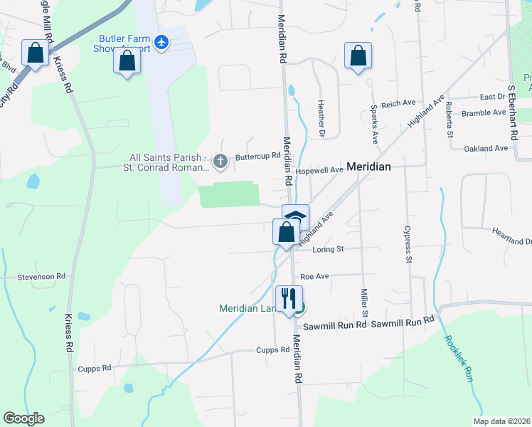 map of restaurants, bars, coffee shops, grocery stores, and more near 104 Winterwood Drive in Meridian