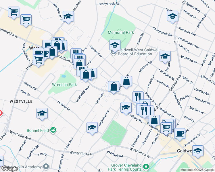 map of restaurants, bars, coffee shops, grocery stores, and more near 551 Bloomfield Avenue in West Caldwell