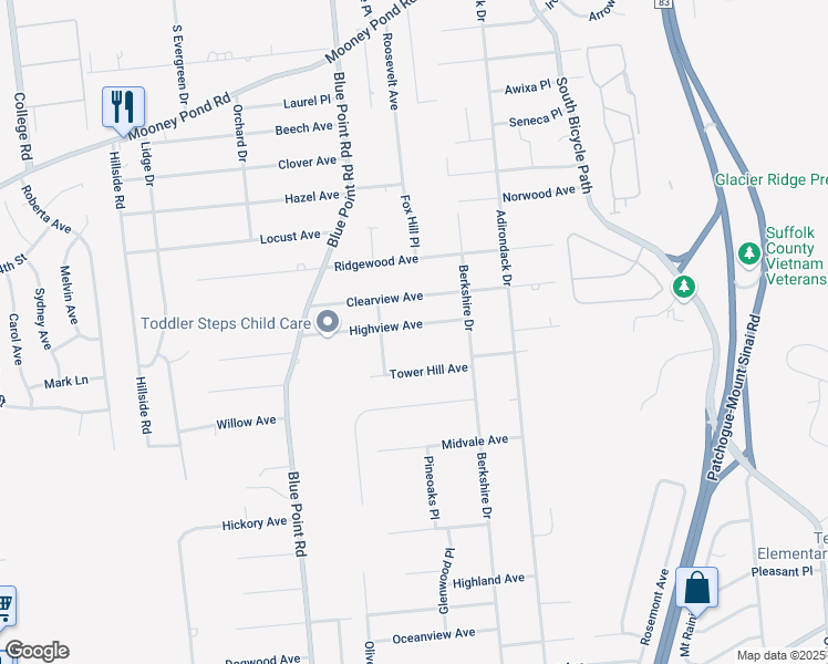 map of restaurants, bars, coffee shops, grocery stores, and more near 24 Highview Avenue in Selden