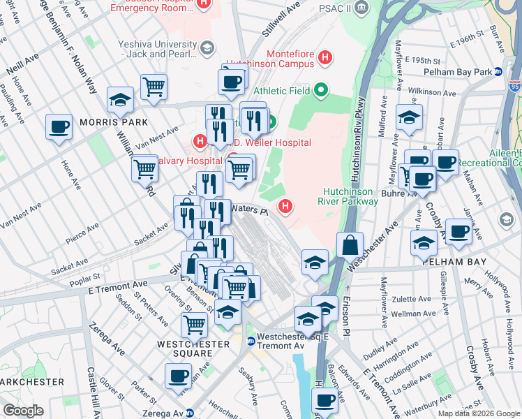 map of restaurants, bars, coffee shops, grocery stores, and more near 1260 Waters Place in Bronx
