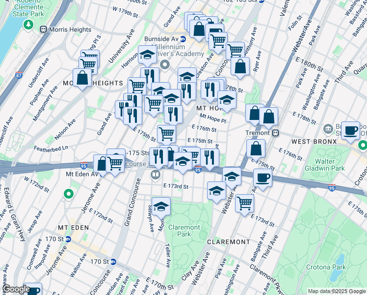 map of restaurants, bars, coffee shops, grocery stores, and more near 1780 Eastburn Avenue in Bronx
