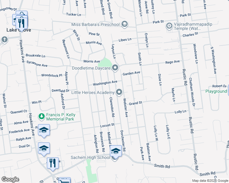 map of restaurants, bars, coffee shops, grocery stores, and more near 99 Dorchester Road in Lake Ronkonkoma
