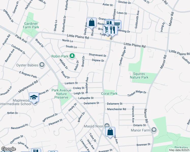 map of restaurants, bars, coffee shops, grocery stores, and more near 162 Brooklyn Avenue in Huntington