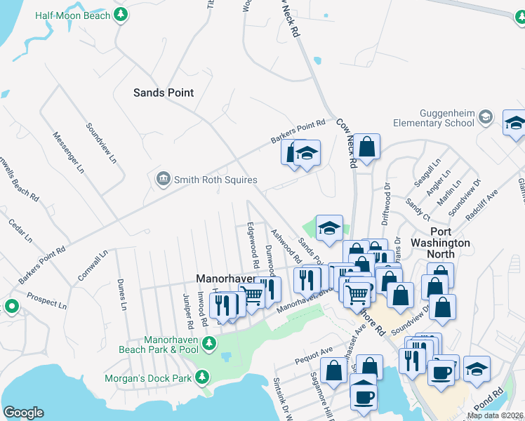 map of restaurants, bars, coffee shops, grocery stores, and more near 78 Ashwood Road in Port Washington