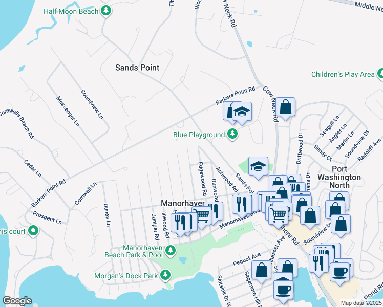 map of restaurants, bars, coffee shops, grocery stores, and more near 94 Firwood Road in Port Washington
