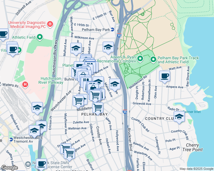 map of restaurants, bars, coffee shops, grocery stores, and more near 1700 Mahan Avenue in Bronx