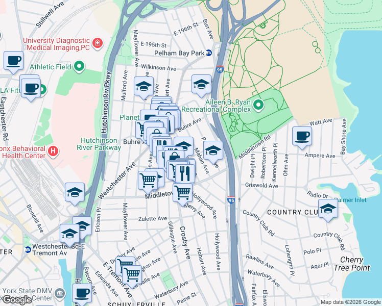map of restaurants, bars, coffee shops, grocery stores, and more near 1700 Mahan Avenue in Bronx