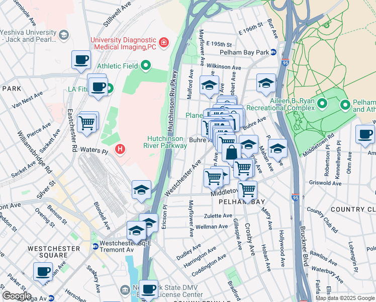 map of restaurants, bars, coffee shops, grocery stores, and more near 1730 Mulford Avenue in Bronx