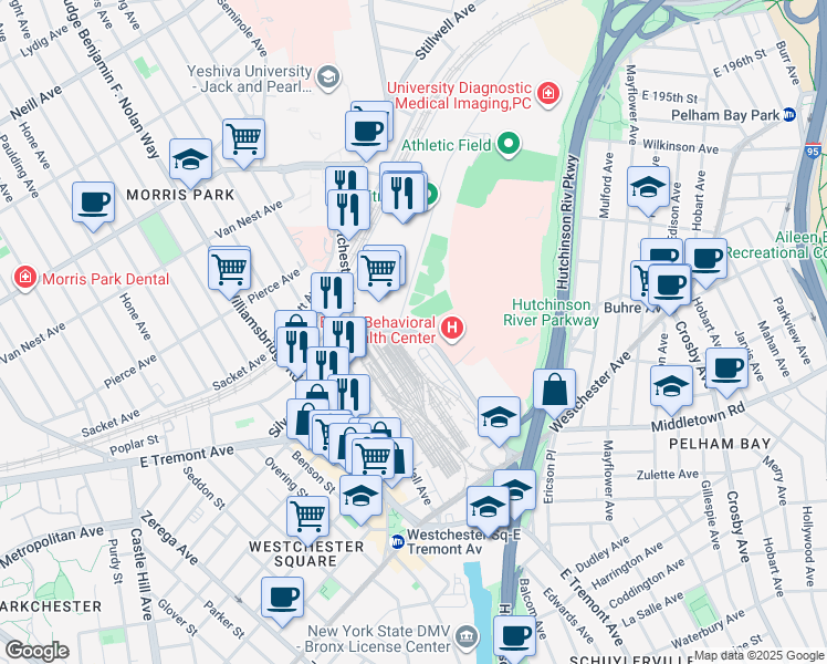 map of restaurants, bars, coffee shops, grocery stores, and more near 1200 Waters Place in The Bronx