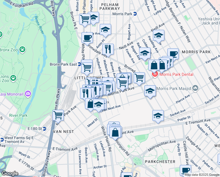 map of restaurants, bars, coffee shops, grocery stores, and more near 1830 Holland Avenue in The Bronx