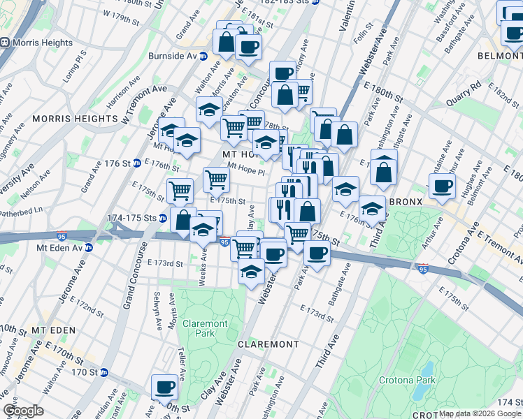map of restaurants, bars, coffee shops, grocery stores, and more near 1806 Anthony Avenue in The Bronx