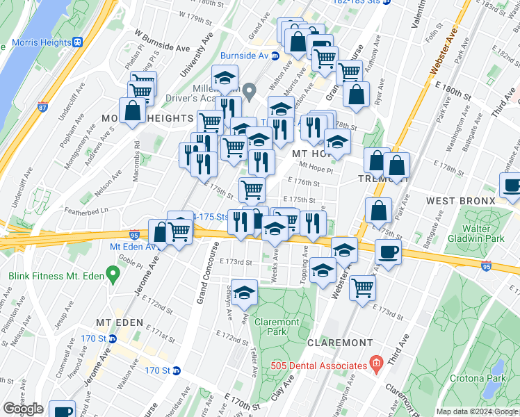 map of restaurants, bars, coffee shops, grocery stores, and more near 1780 Eastburn Avenue in Bronx