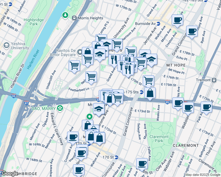 map of restaurants, bars, coffee shops, grocery stores, and more near 1678 Davidson Avenue in The Bronx