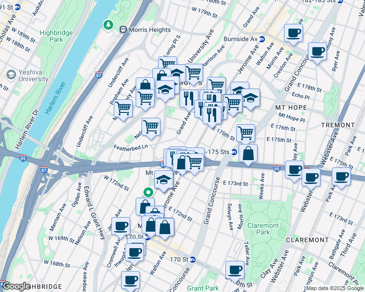 map of restaurants, bars, coffee shops, grocery stores, and more near 1678 Davidson Avenue in The Bronx