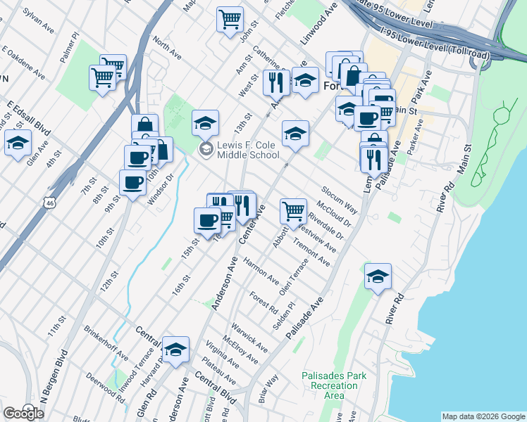 map of restaurants, bars, coffee shops, grocery stores, and more near 1452 Center Avenue in Fort Lee