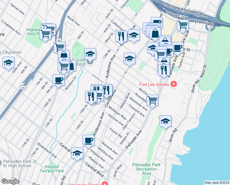 map of restaurants, bars, coffee shops, grocery stores, and more near 310 Westview Avenue in Fort Lee