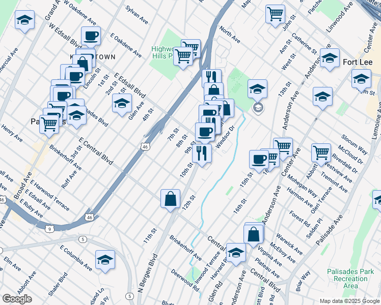 map of restaurants, bars, coffee shops, grocery stores, and more near 460 9th Street in Palisades Park
