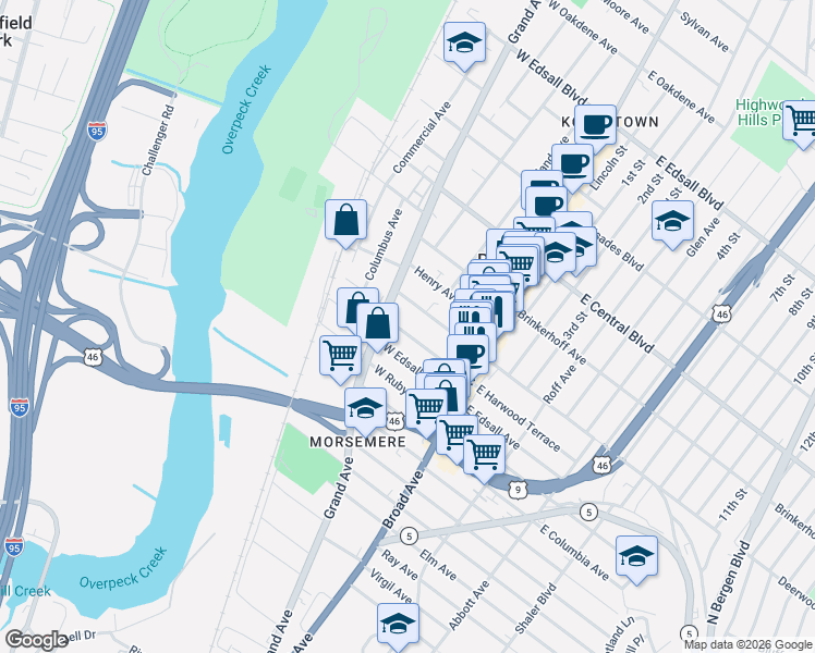 map of restaurants, bars, coffee shops, grocery stores, and more near 67 West Harwood Terrace in Palisades Park