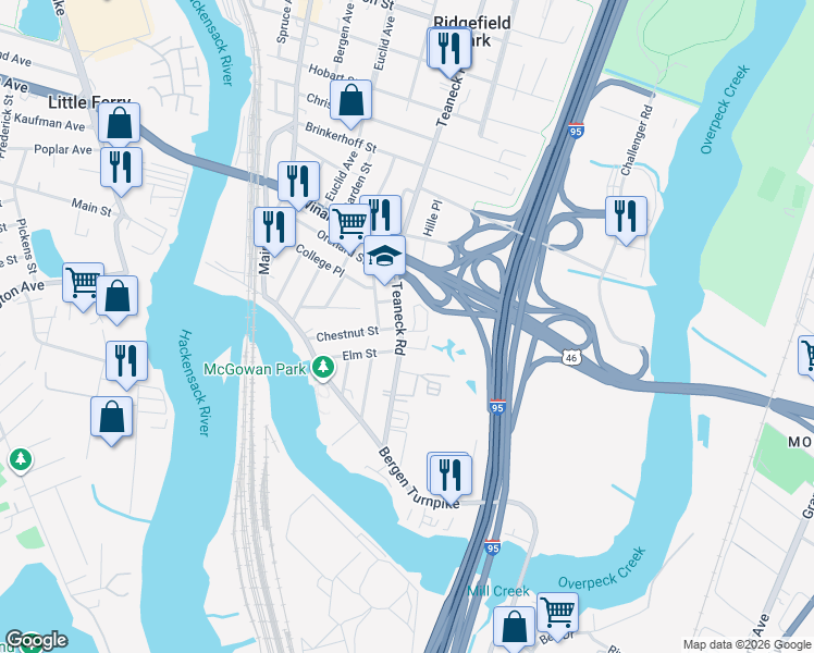 map of restaurants, bars, coffee shops, grocery stores, and more near 102 Teaneck Road in Ridgefield Park