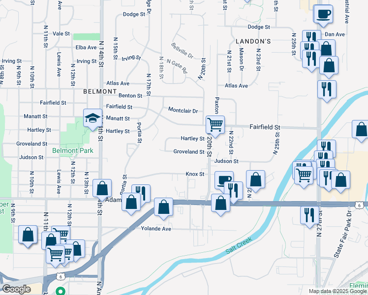 map of restaurants, bars, coffee shops, grocery stores, and more near 1831 Hartley Street in Lincoln