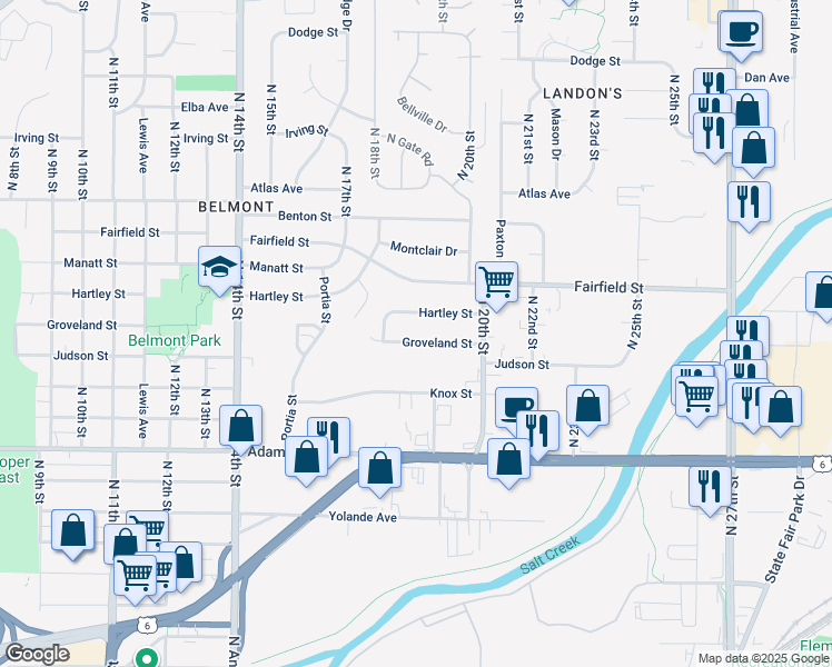 map of restaurants, bars, coffee shops, grocery stores, and more near 1831 Hartley Street in Lincoln