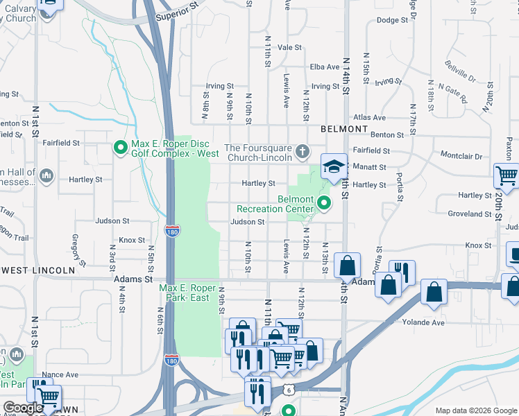 map of restaurants, bars, coffee shops, grocery stores, and more near 1019 Groveland Street in Lincoln
