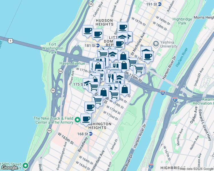 map of restaurants, bars, coffee shops, grocery stores, and more near 620 West 176th Street in New York