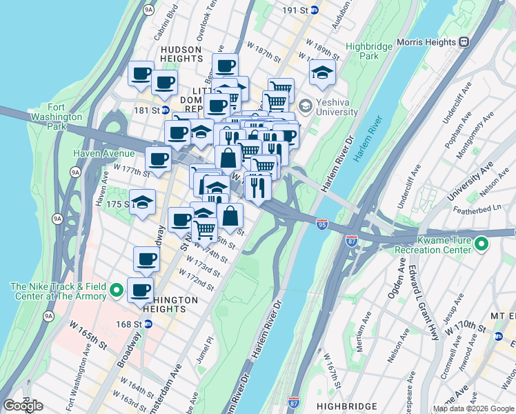 map of restaurants, bars, coffee shops, grocery stores, and more near 500 West 178th Street in New York
