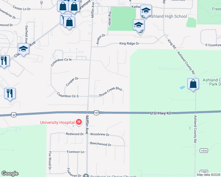 map of restaurants, bars, coffee shops, grocery stores, and more near 860 Stone Creek Blvd in Ashland