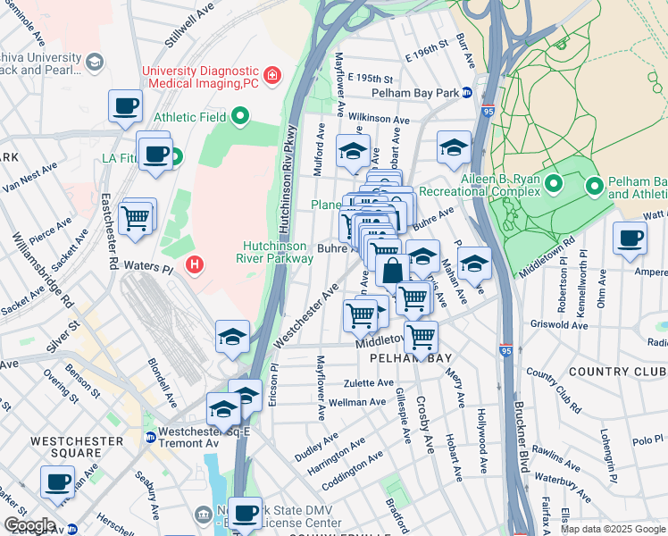 map of restaurants, bars, coffee shops, grocery stores, and more near 1730 Mulford Avenue in Bronx