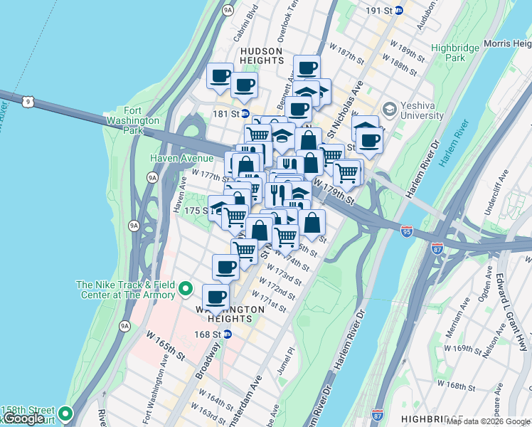 map of restaurants, bars, coffee shops, grocery stores, and more near 624 West 176th Street in New York
