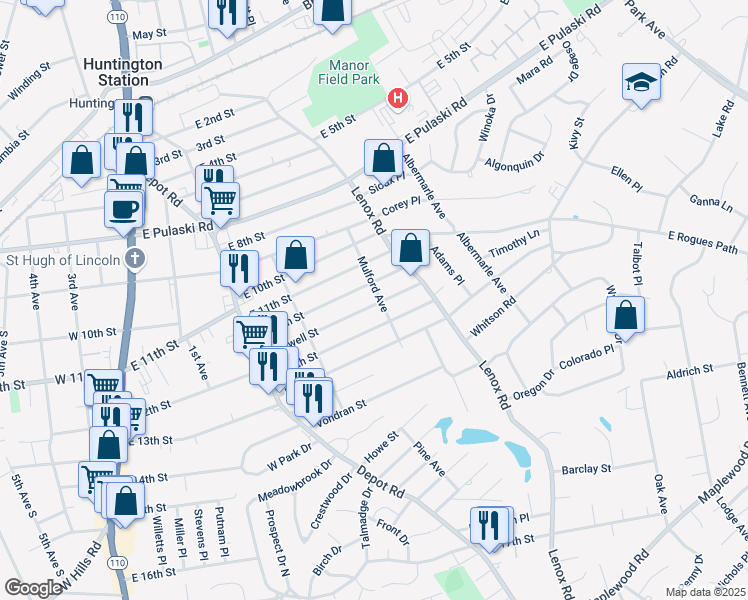 map of restaurants, bars, coffee shops, grocery stores, and more near 54 Caldwell Street in Huntington Station