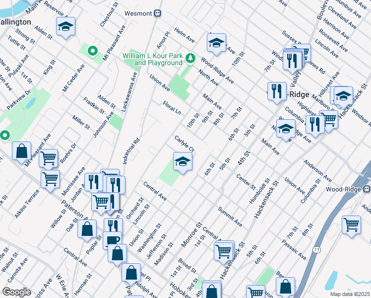 map of restaurants, bars, coffee shops, grocery stores, and more near 45 Carlyle Court in Carlstadt