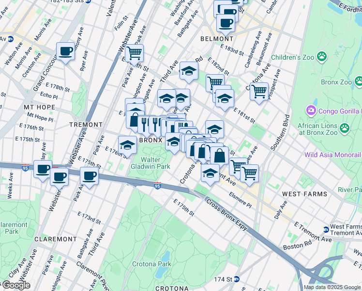 map of restaurants, bars, coffee shops, grocery stores, and more near in The Bronx