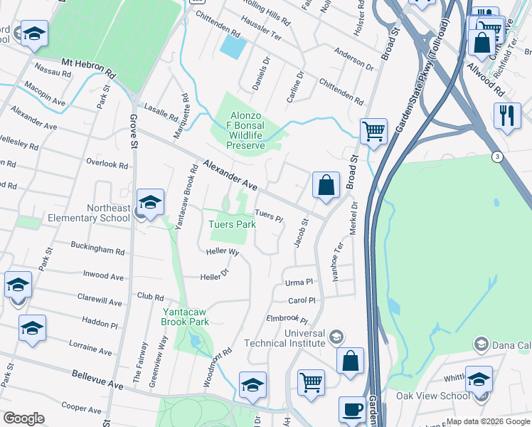 map of restaurants, bars, coffee shops, grocery stores, and more near 131 Squire Hill Road in Montclair