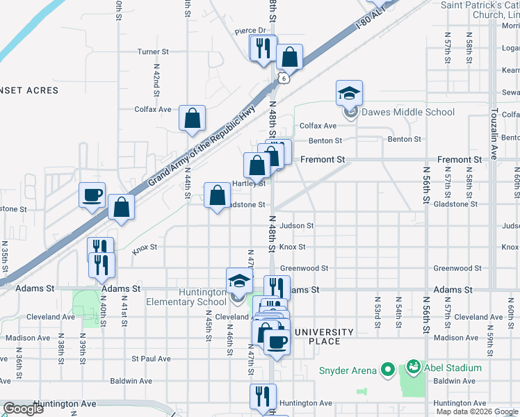 map of restaurants, bars, coffee shops, grocery stores, and more near 4744 Gladstone Street in Lincoln