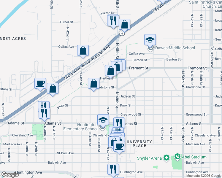 map of restaurants, bars, coffee shops, grocery stores, and more near 4744 Gladstone Street in Lincoln