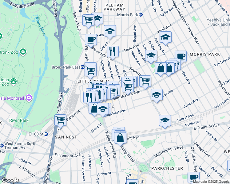 map of restaurants, bars, coffee shops, grocery stores, and more near 1819 Wallace Avenue in Bronx