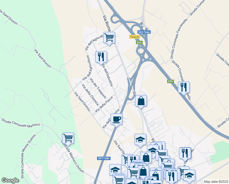map of restaurants, bars, coffee shops, grocery stores, and more near 19 Via dell'Industria in Fasano